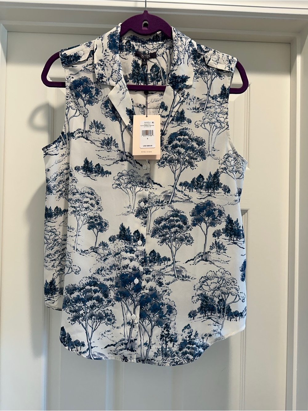 NYDJ Sleeveless Tree-Print Blouse - Blue & White NWT